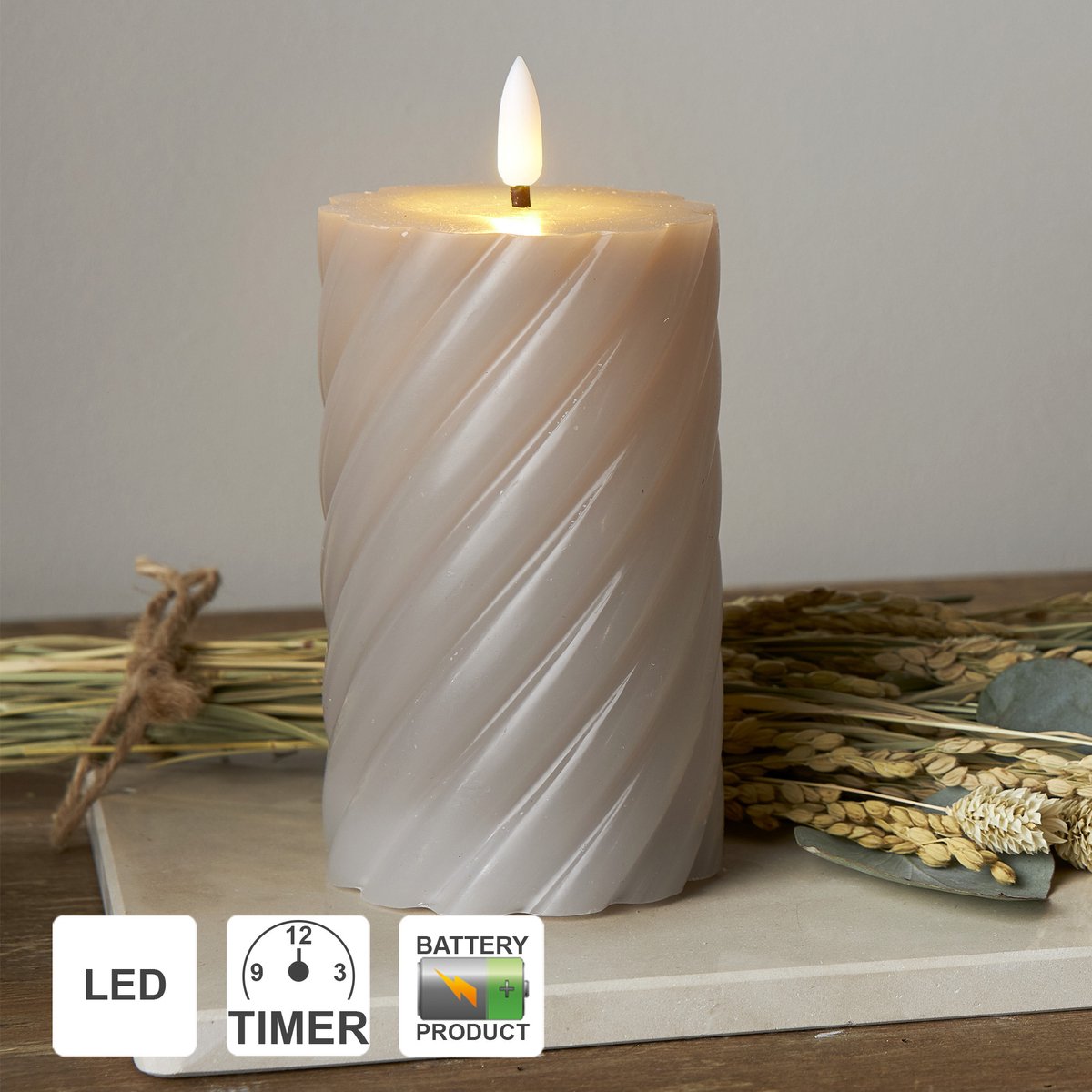 Star Trading LED-kaarsen met timerfunctie | Stompkaarsen Grijs | LED-kaars met timer | LED stompkaarsen met timer | Gedraaide kaarsen set van 2| Decoratieve kaarsen grijs | LED-kaars flikkerende vlam | elektrische kaarsen